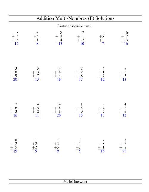 Addition de trois nombres à un chiffre (F) page 2