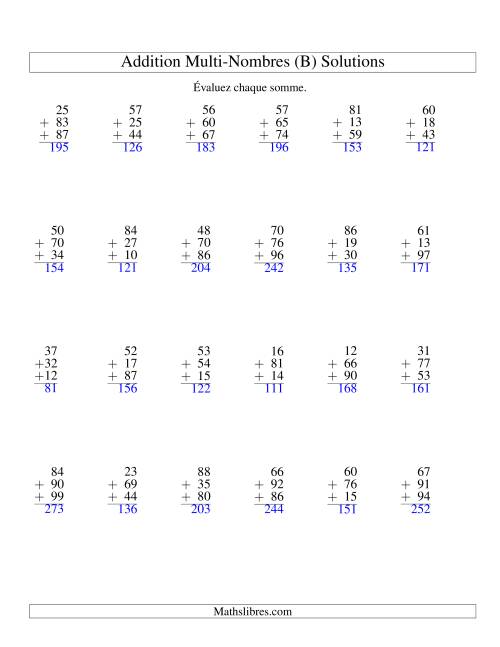 Addition de trois nombres à deux chiffres (B) page 2
