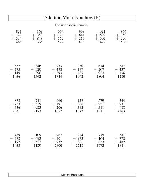 Addition de trois nombres à trois chiffres (B)