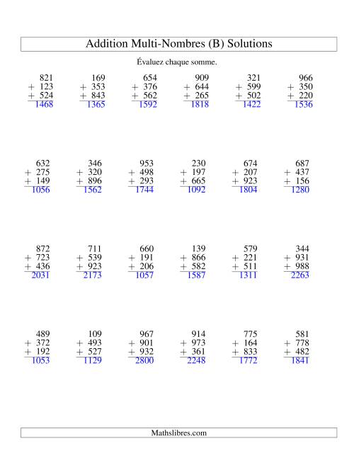 Addition de trois nombres à trois chiffres (B) page 2