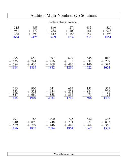 Addition de trois nombres à trois chiffres (C) page 2