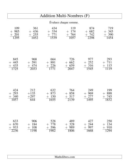 Addition de trois nombres à trois chiffres (F)