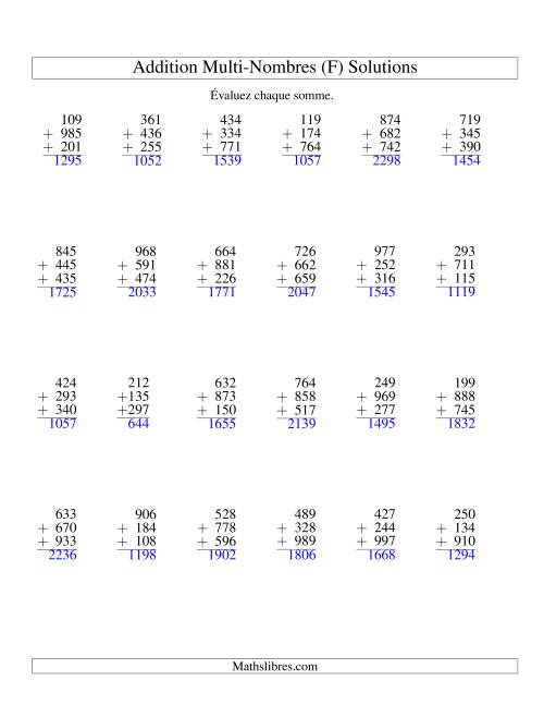 Addition de trois nombres à trois chiffres (F) page 2