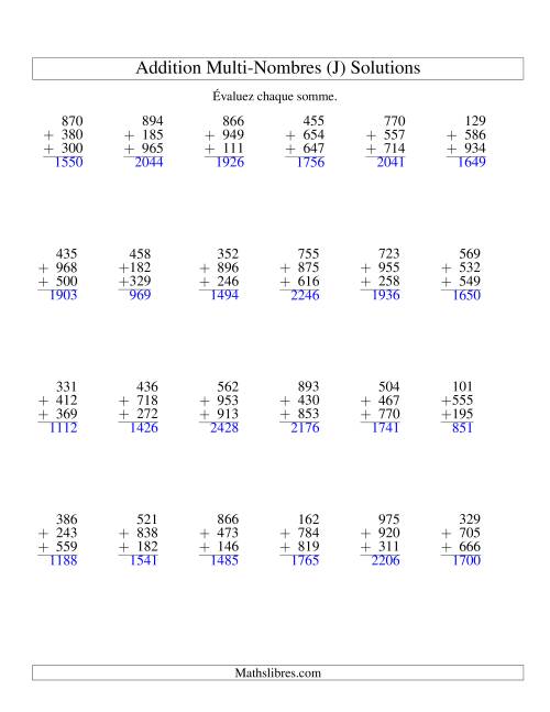 Addition de trois nombres à trois chiffres (J) page 2