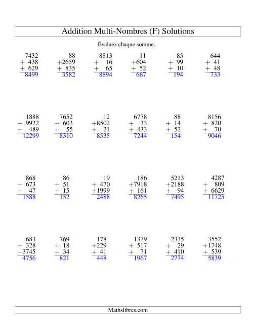 Addition de trois nombres à chiffres variés (F) page 2