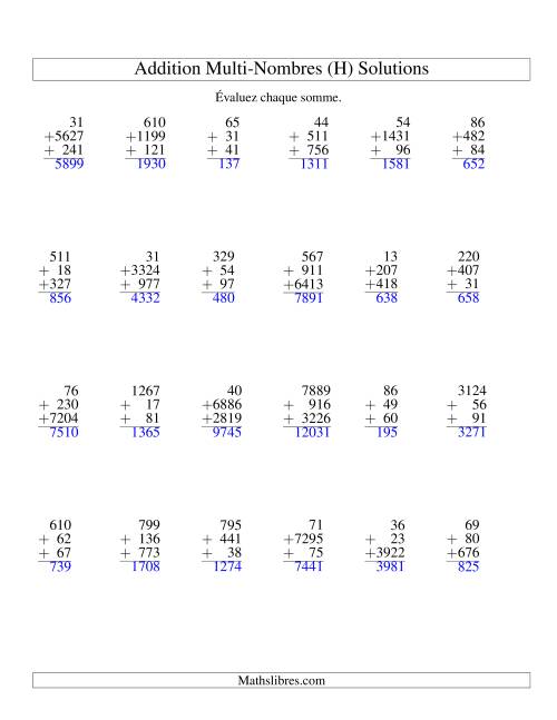 Addition de trois nombres à chiffres variés (H) page 2