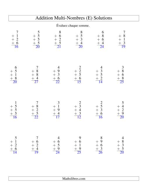Addition de quatre nombres à un chiffre (E) page 2