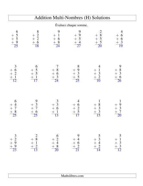Addition de quatre nombres à un chiffre (H) page 2