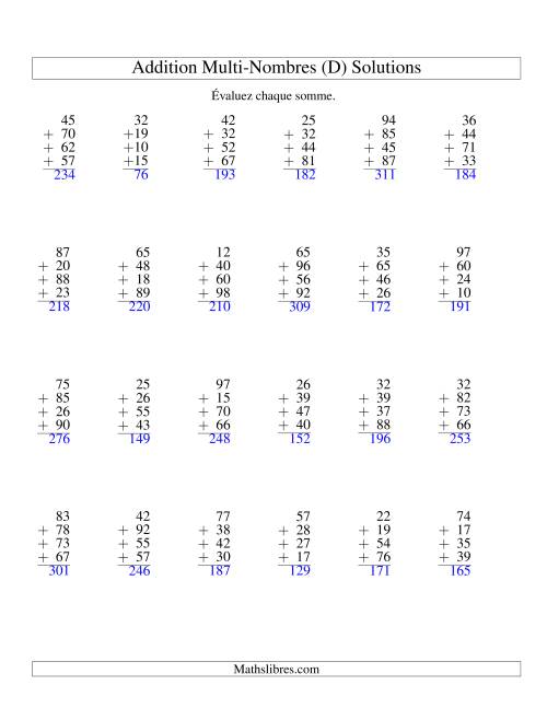 Addition de quatre nombres à deux chiffres (D) page 2