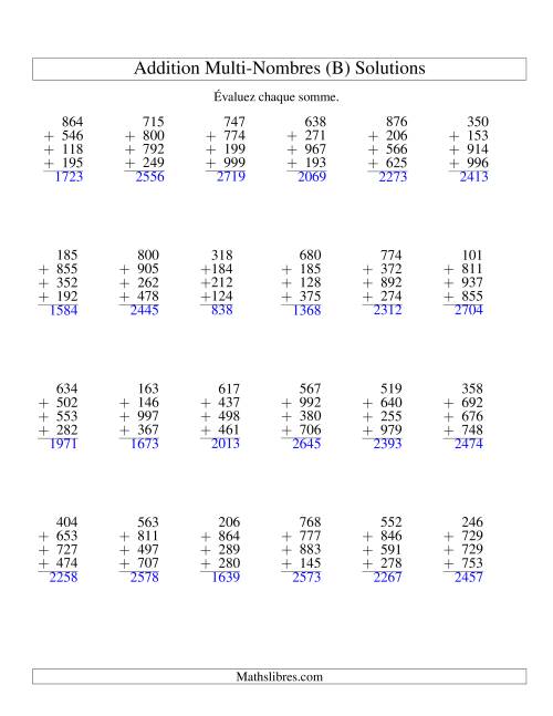 Addition de quatre nombres à trois chiffres (B) page 2