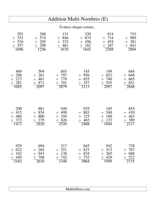Addition de quatre nombres à trois chiffres (E)
