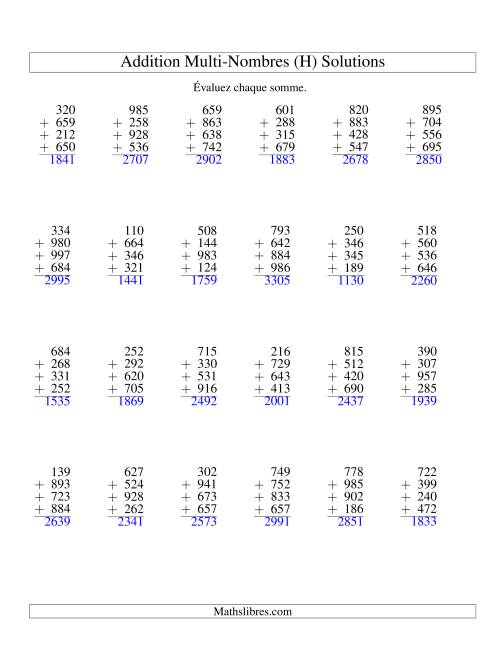 Addition de quatre nombres à trois chiffres (H) page 2