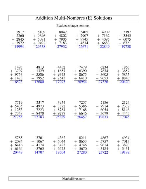 Addition de quatre nombres à quatre chiffres (E) page 2