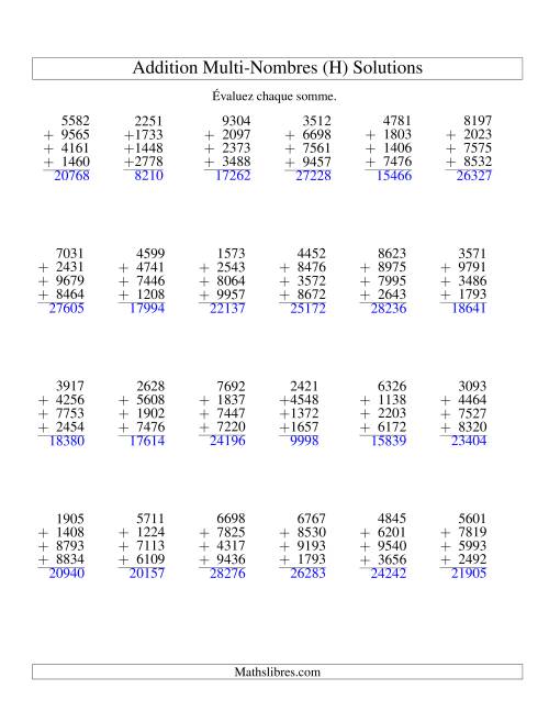 Addition de quatre nombres à quatre chiffres (H) page 2