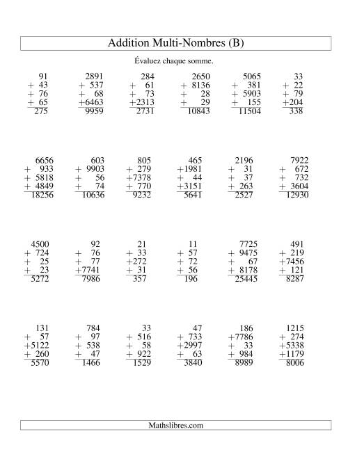 Addition de quatre nombres à chiffres variés (B)