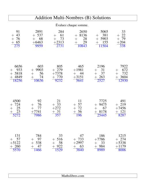 Addition de quatre nombres à chiffres variés (B) page 2