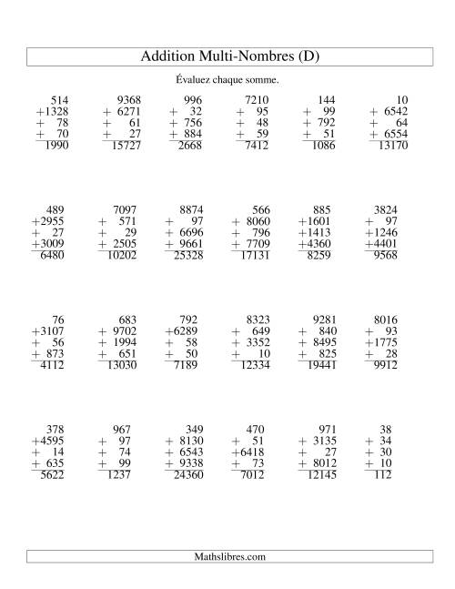 Addition de quatre nombres à chiffres variés (D)