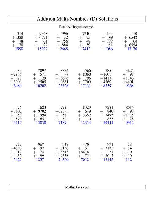 Addition de quatre nombres à chiffres variés (D) page 2