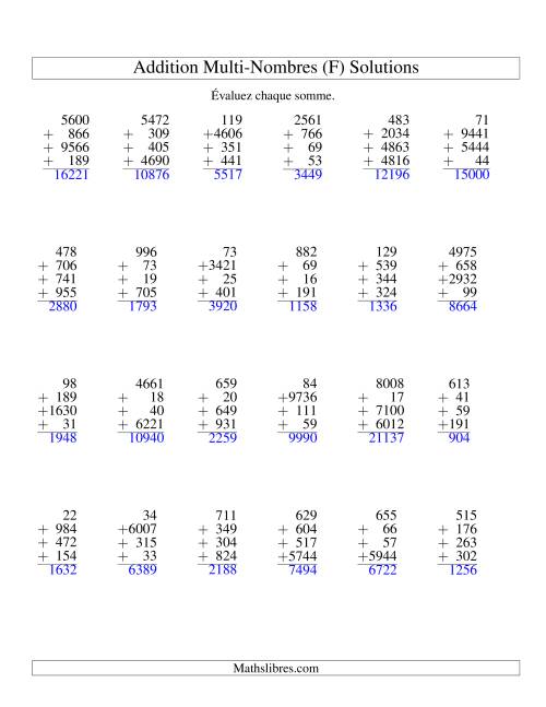 Addition de quatre nombres à chiffres variés (F) page 2