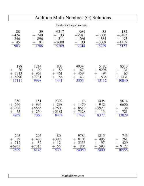Addition de quatre nombres à chiffres variés (G) page 2