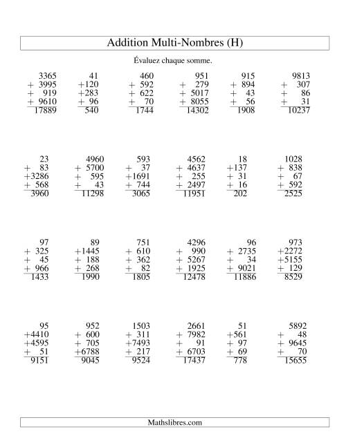 Addition de quatre nombres à chiffres variés (H)