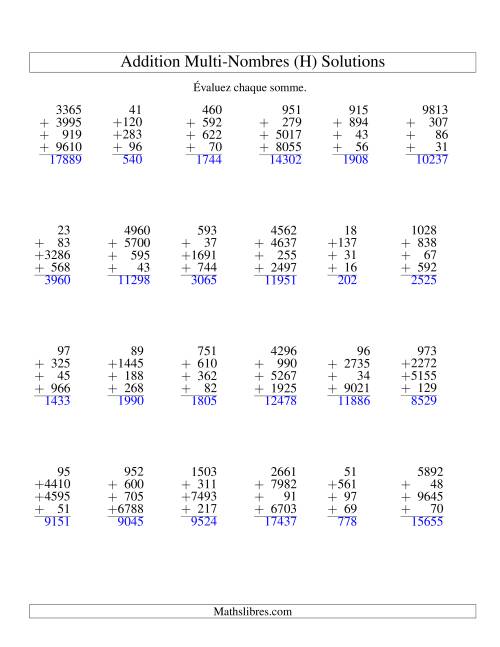 Addition de quatre nombres à chiffres variés (H) page 2