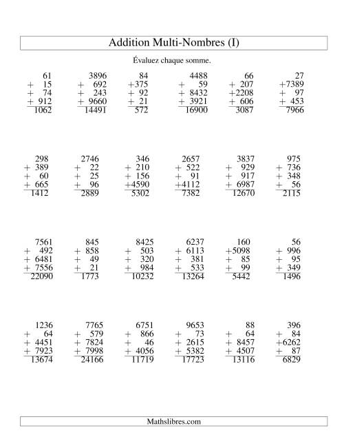 Addition de quatre nombres à chiffres variés (I)