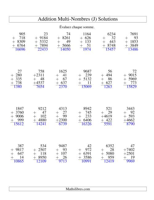 Addition de quatre nombres à chiffres variés (J) page 2