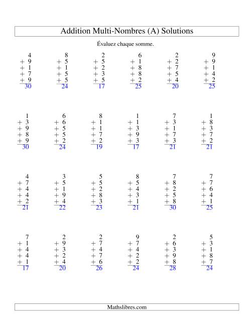 Addition de cinq nombres à un chiffre (A) page 2