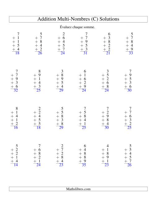Addition de cinq nombres à un chiffre (C) page 2