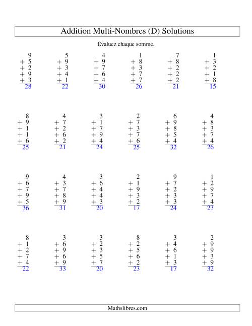 Addition de cinq nombres à un chiffre (D) page 2
