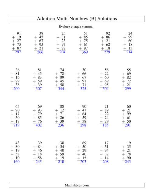 Addition de cinq nombres à deux chiffres (B) page 2