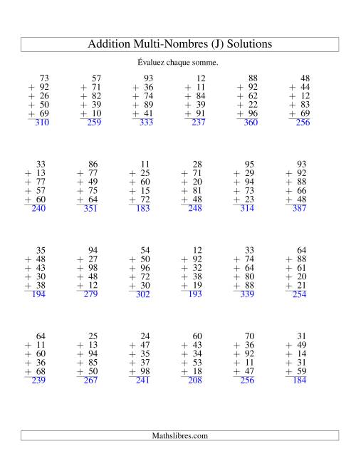 Addition de cinq nombres à deux chiffres (J) page 2