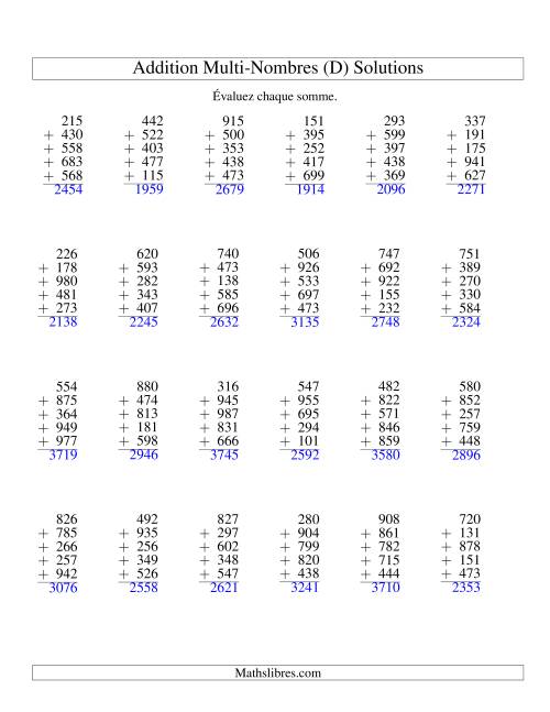 Addition de cinq nombres à trois chifffres (D) page 2