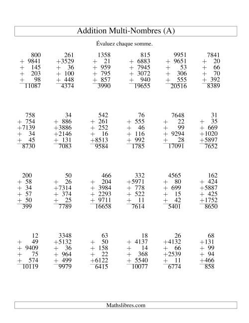 Additiond de cinq nombres à chiffres variés (A)