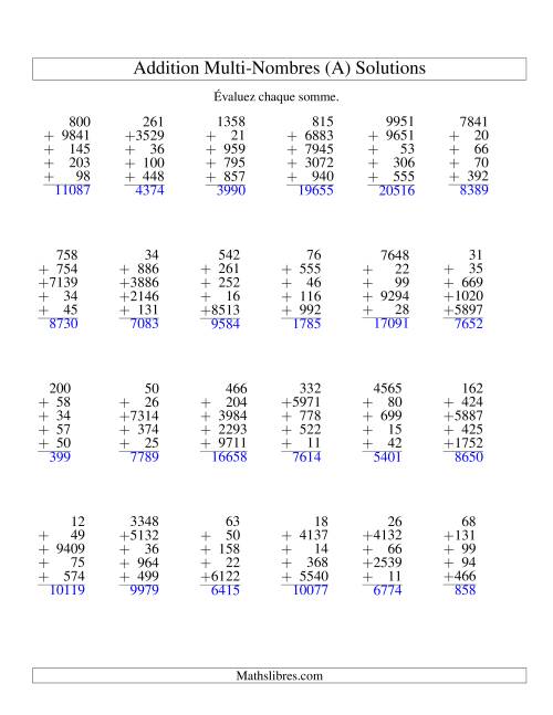 Additiond de cinq nombres à chiffres variés (A) page 2