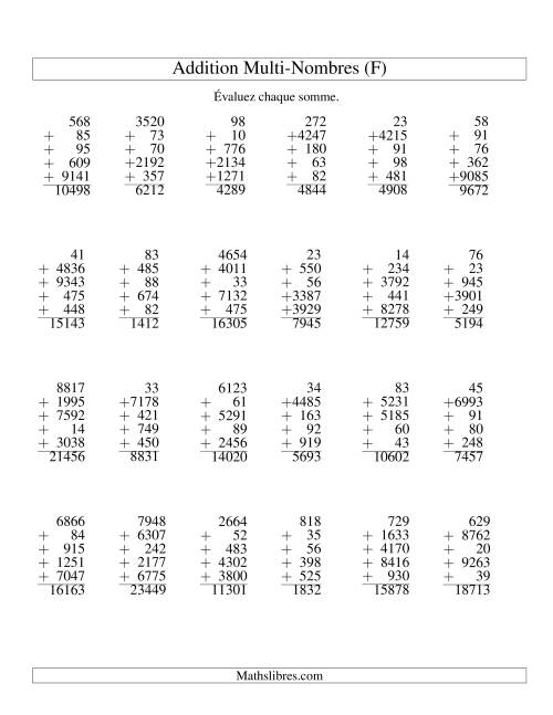 Additiond de cinq nombres à chiffres variés (F)