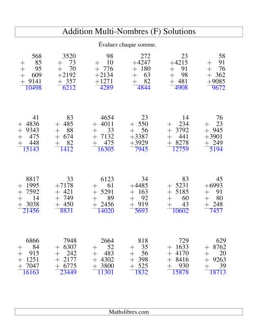 Additiond de cinq nombres à chiffres variés (F) page 2
