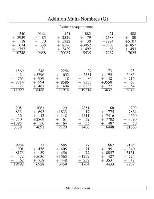 Additiond de cinq nombres à chiffres variés (G)
