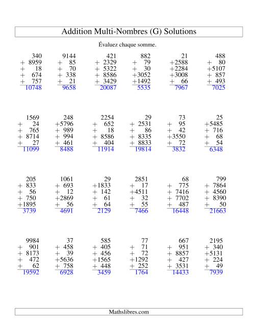 Additiond de cinq nombres à chiffres variés (G) page 2