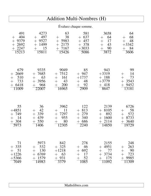 Additiond de cinq nombres à chiffres variés (H)
