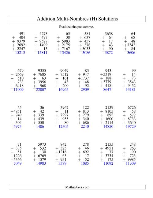 Additiond de cinq nombres à chiffres variés (H) page 2
