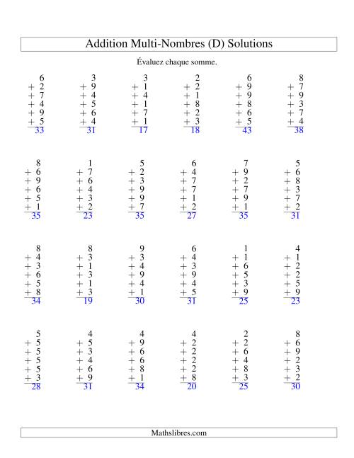 Addition de six nombres à un chiffre (D) page 2