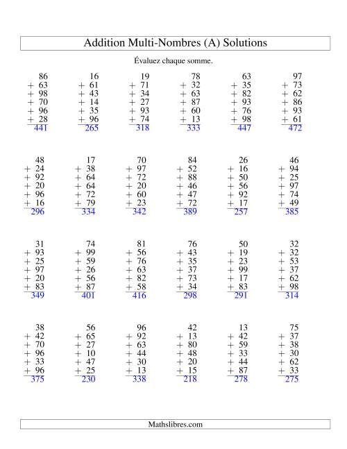 Addition de six nombres à deux chiffres (A) page 2