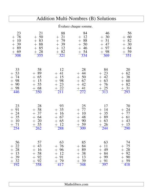 Addition de six nombres à deux chiffres (B) page 2