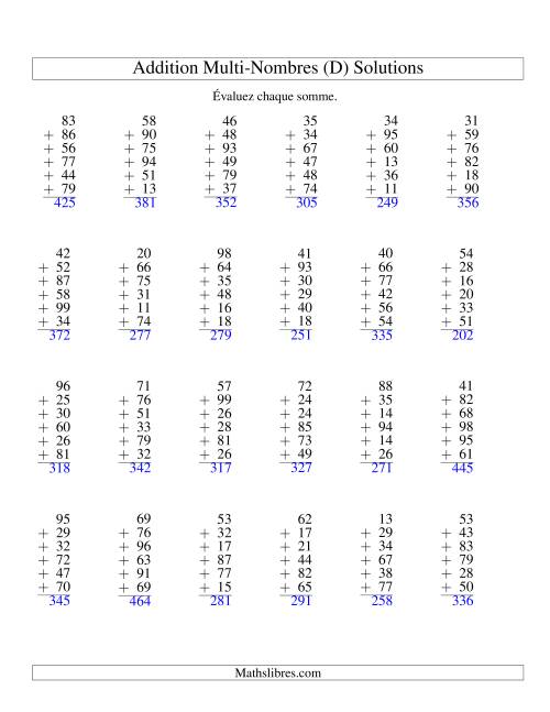 Addition de six nombres à deux chiffres (D) page 2