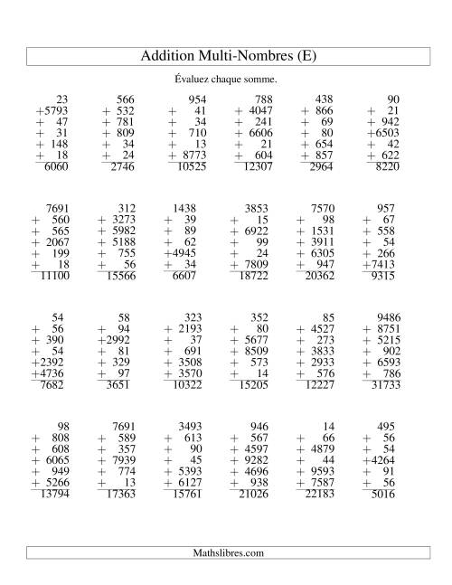 Addition de six nombres à chiffres variés (E)