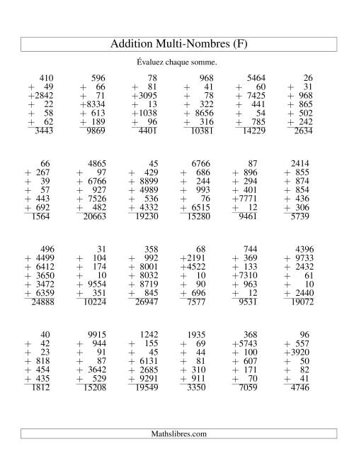 Addition de six nombres à chiffres variés (F)
