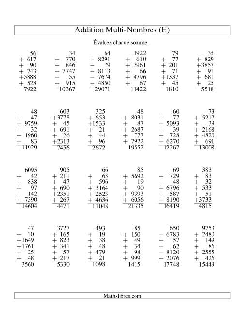 Addition de six nombres à chiffres variés (H)
