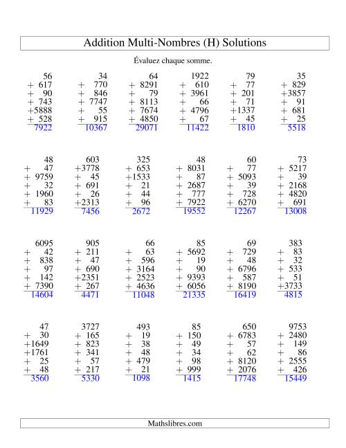 Addition de six nombres à chiffres variés (H) page 2